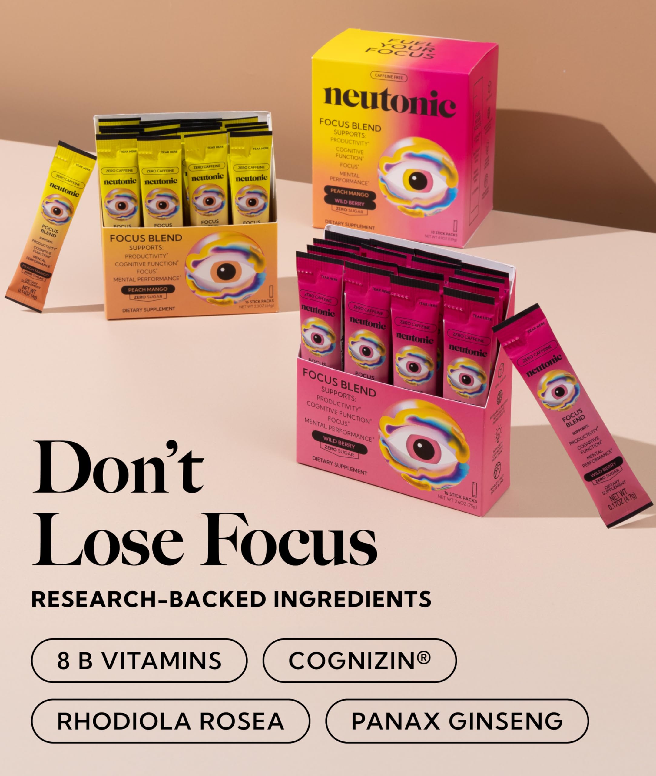 Neutonic Wild Berry stick-pack beside water for study sessions