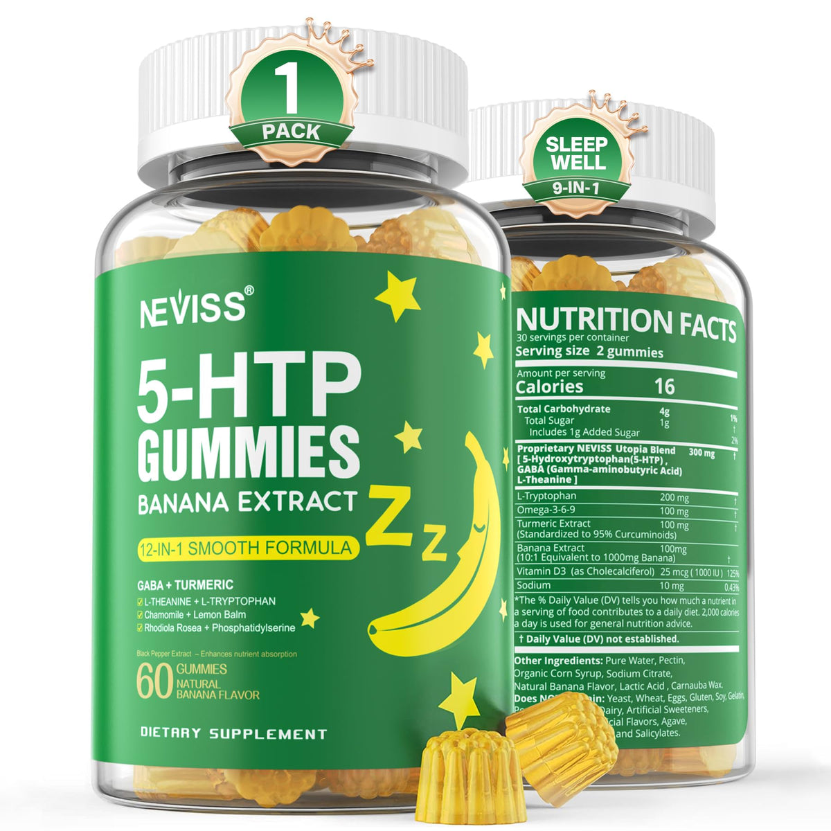 NEVISS 1Pack 5-HTP Gummies GABA Melatonin-Free Banana Flavor