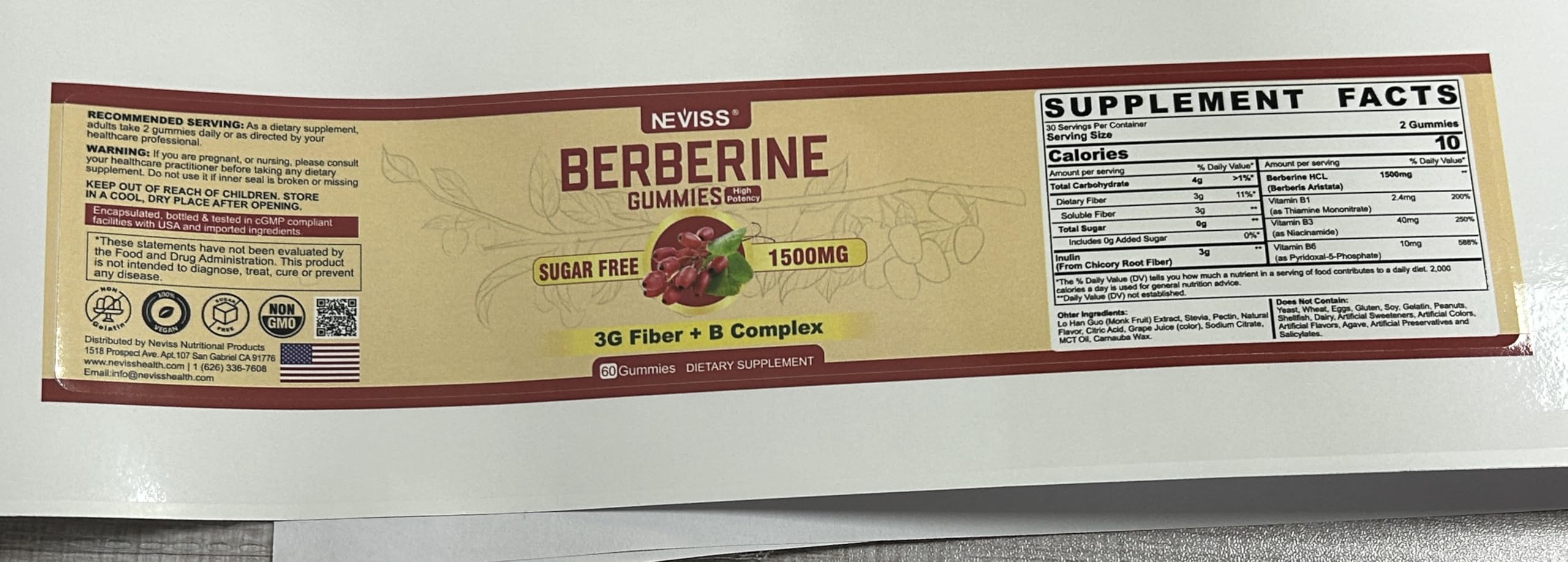 7-count bottle of NEVISS Berberine 1500mg