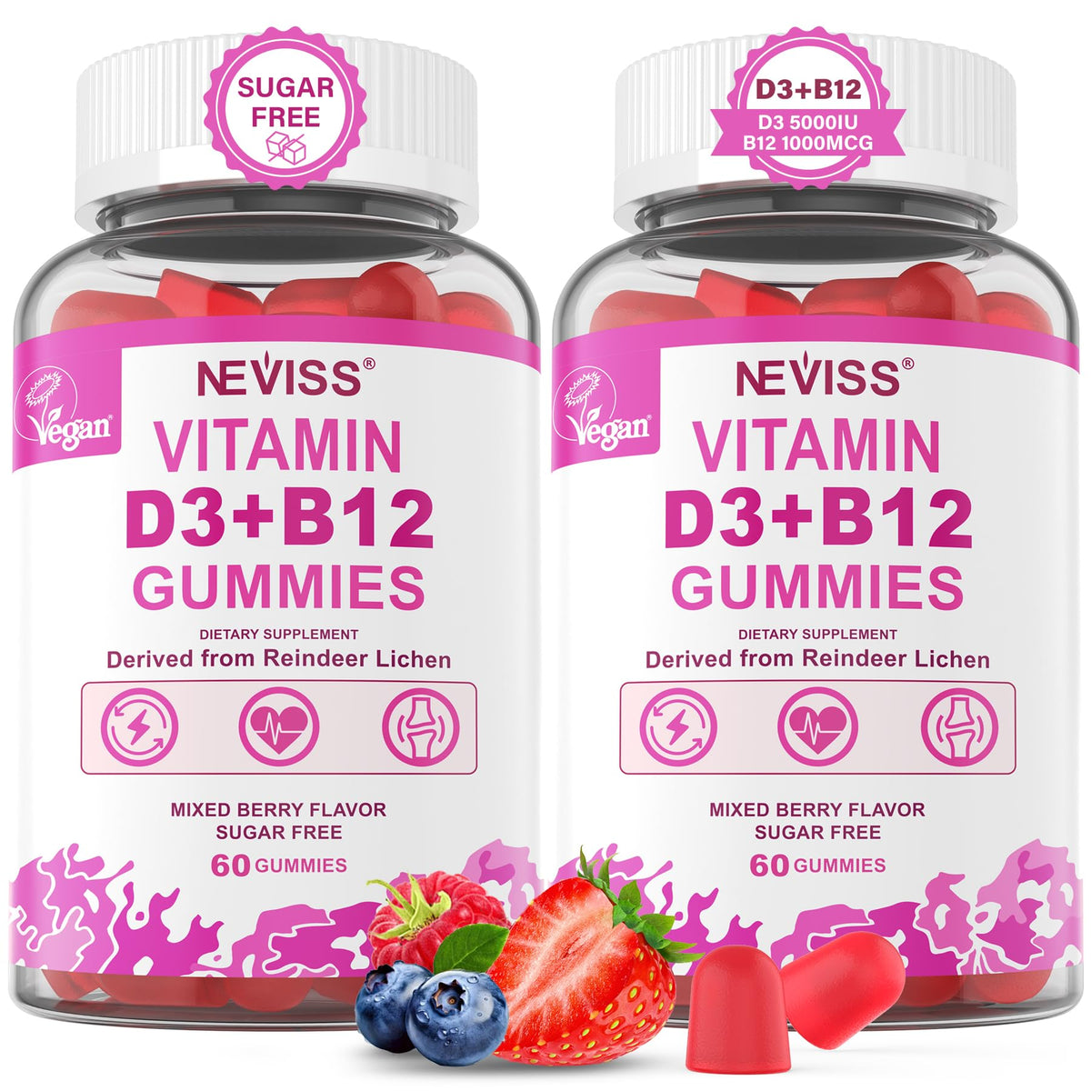 NEVISS Vegan Vitamin D3 + B12 Gummies bottle – front view