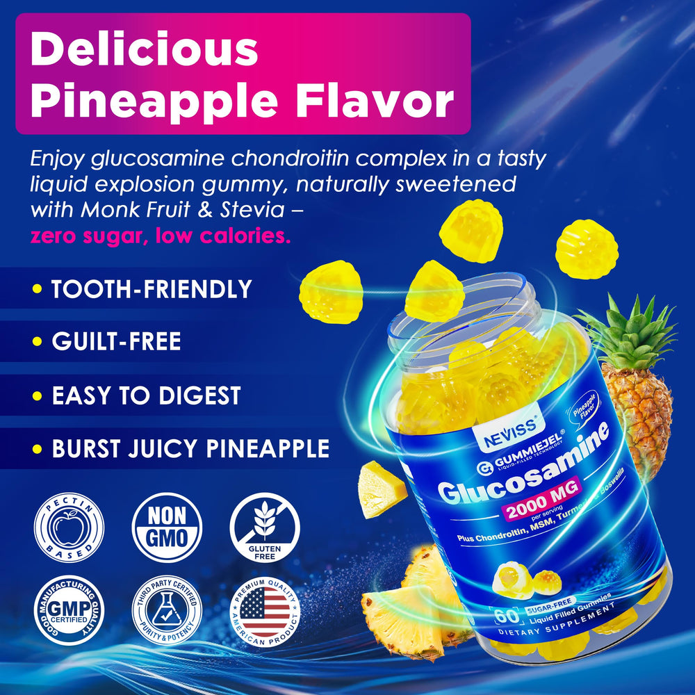 Bottle label showing 60 servings for NEVISS Glucosamine gummies