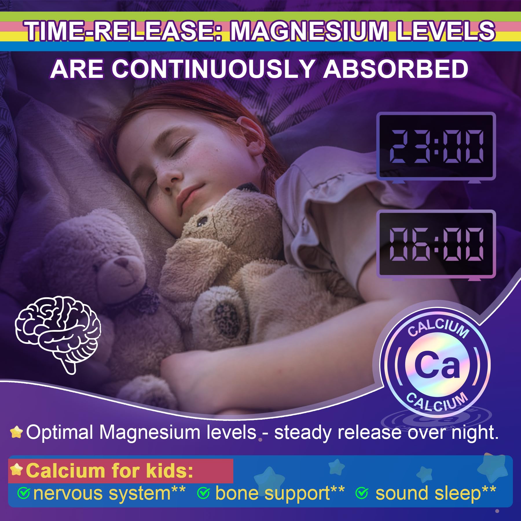 Nutrition panel highlighting magnesium, calcium, B6, C, D3 and zinc