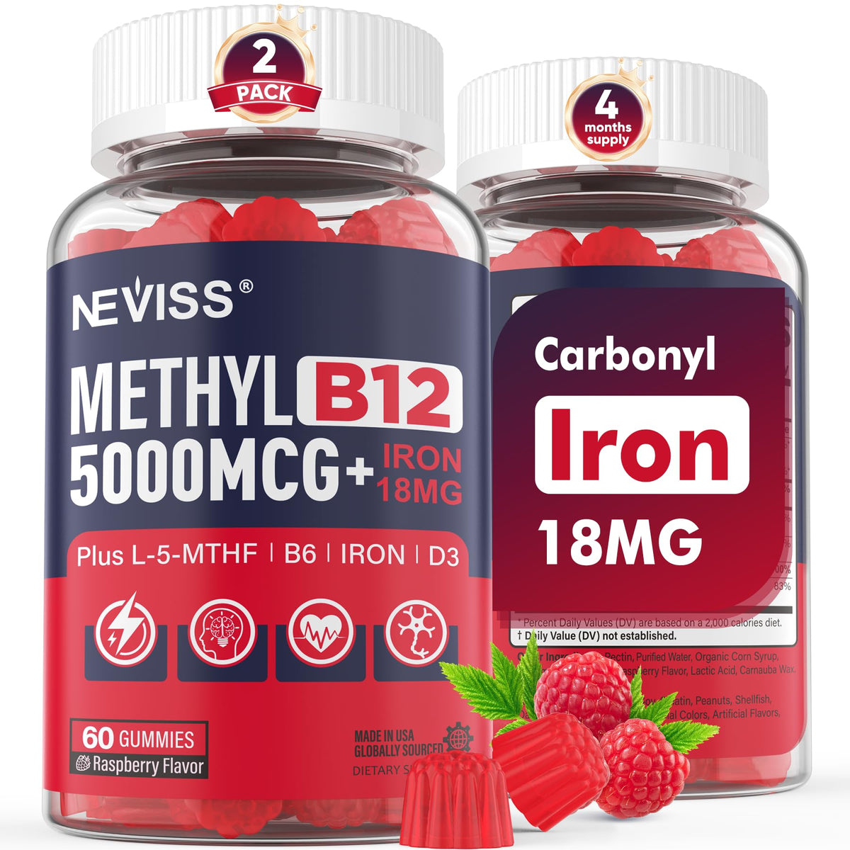 Bottle of NEVISS Methyl B12 Gummies with 5,000 mcg B12 and 18 mg iron for women