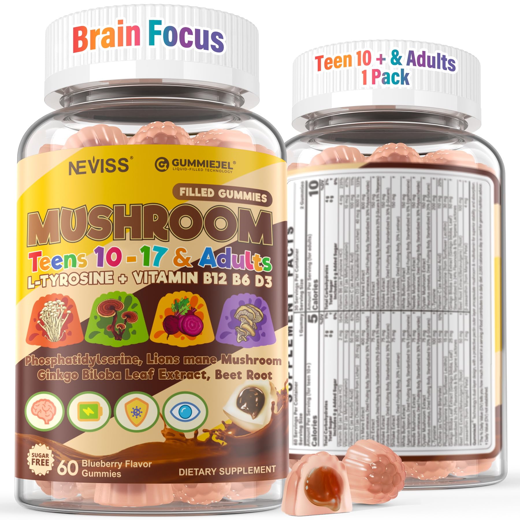 Packaging of Neviss Teens Brain Gummy with Lion's Mane (sugar-free) front view