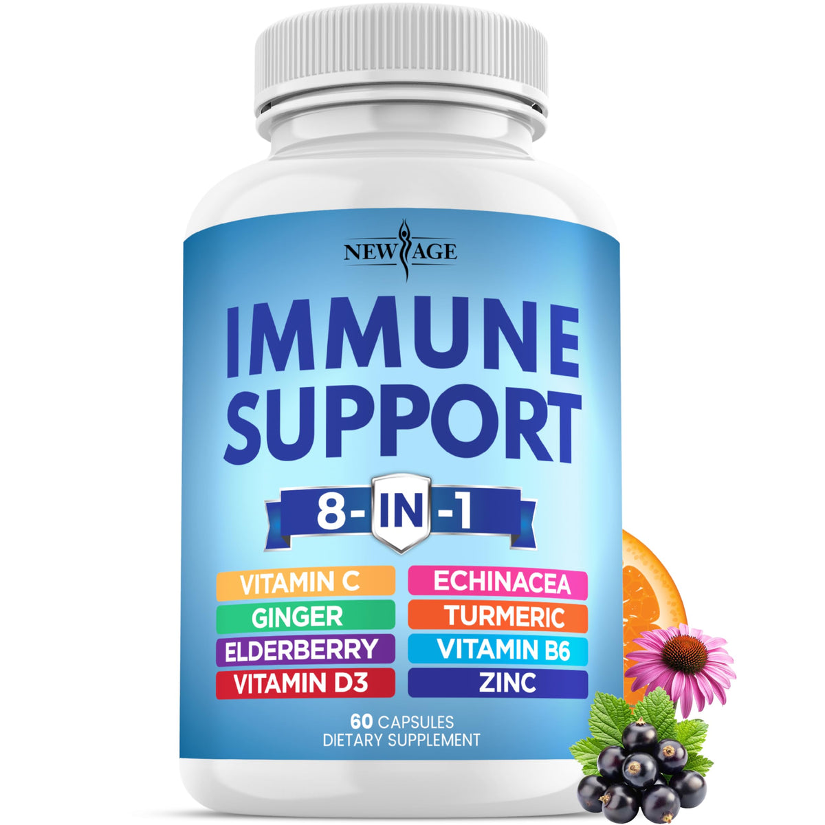 New Age 8-in-1 Immune Support Booster bottle and packaging