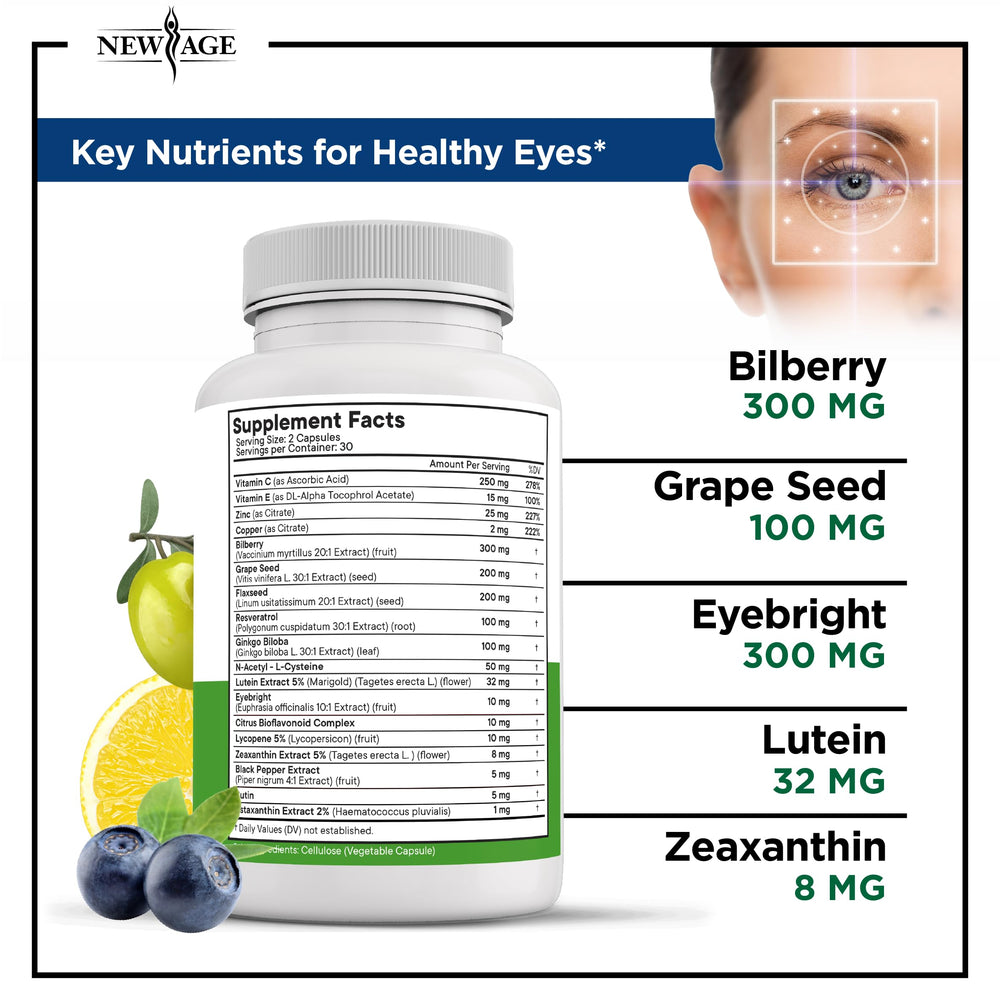 New Age AREDS2 capsules with bilberry for daily vision nutrition.