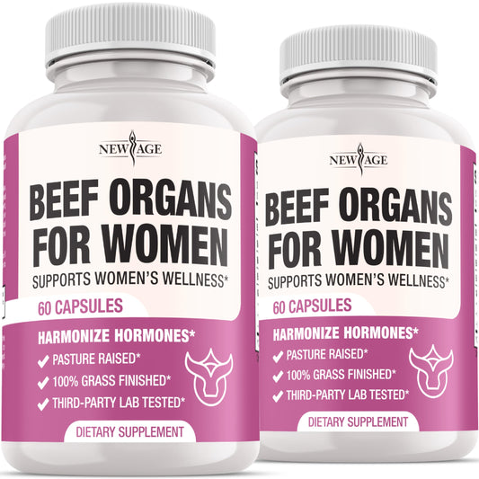 New Age Beef Organ Supplement bottle with grass-fed beef organs including liver, kidney, heart and uterus tissue