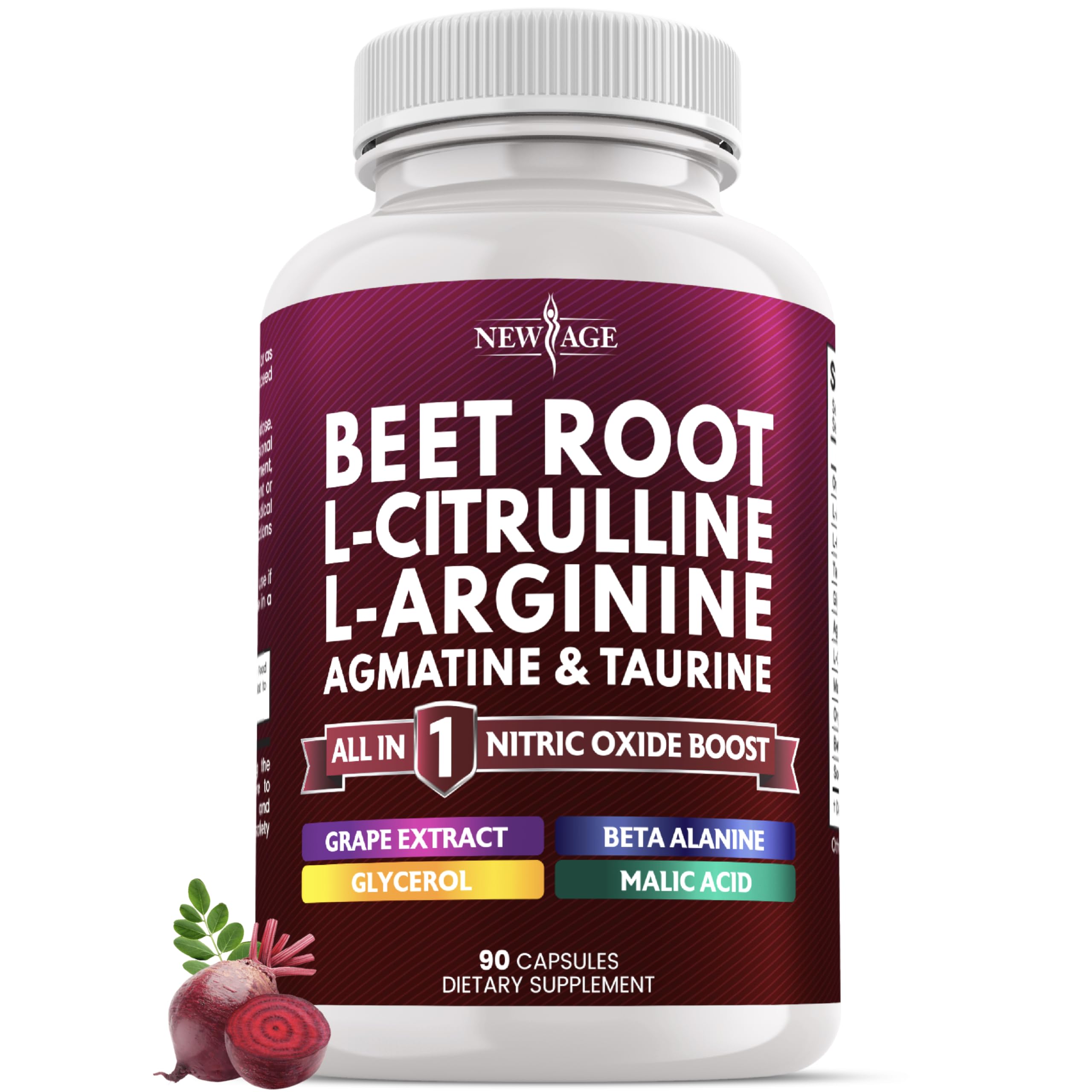 New Age Beet Root Capsules bottle with label on white background