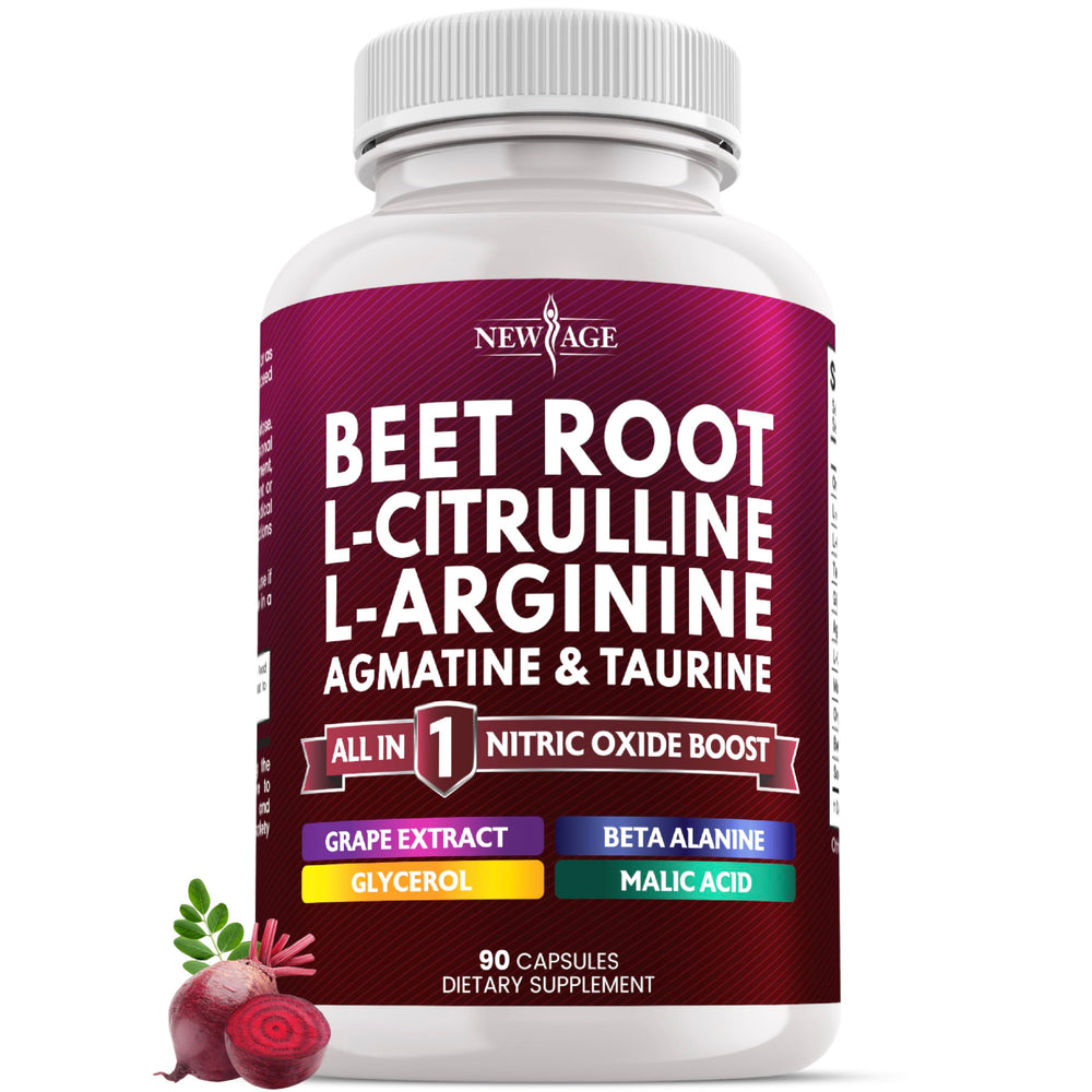 New Age Beet Root Capsules bottle with label on white background