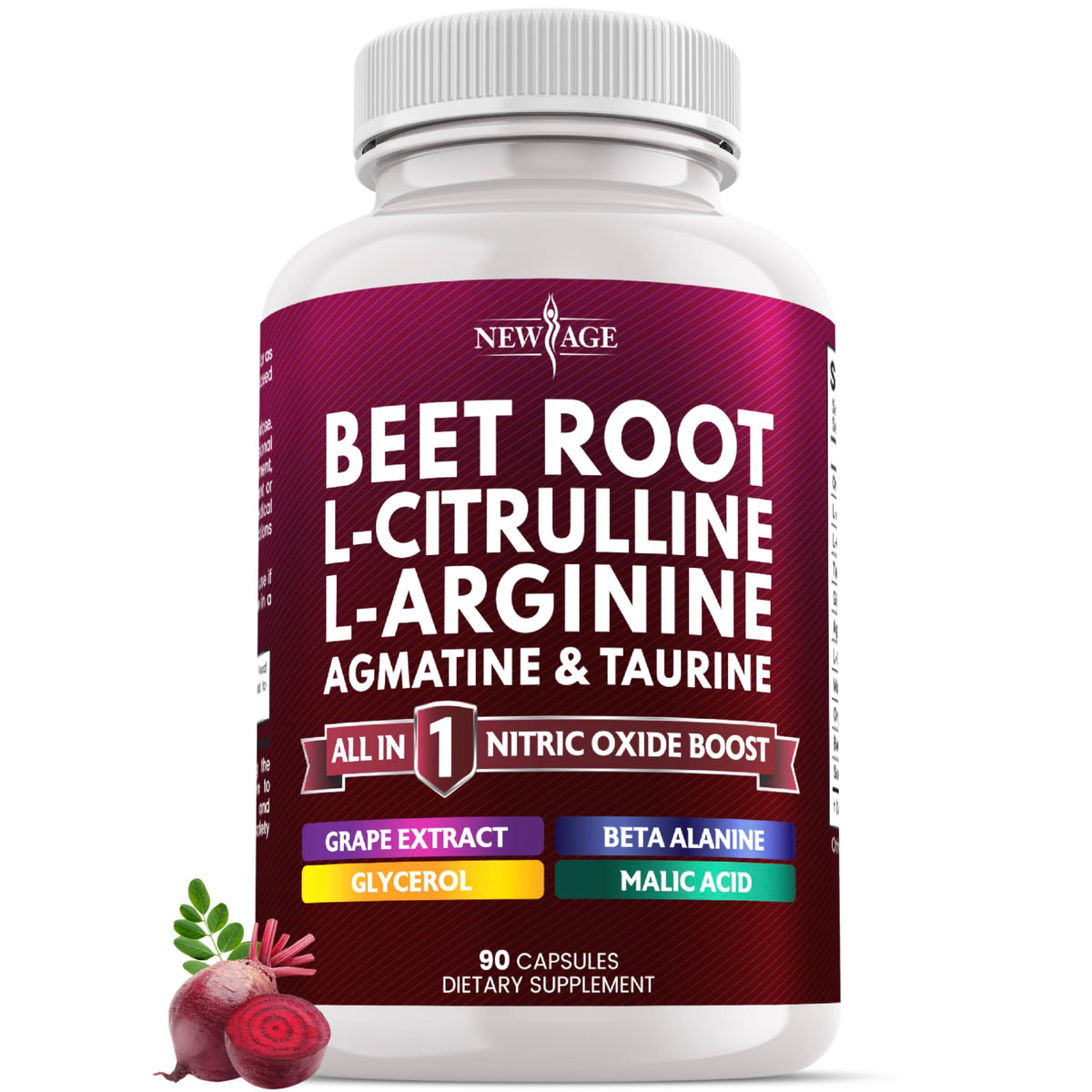 New Age Beet Root Capsules bottle with label on white background