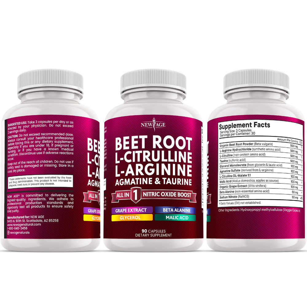 Front packaging of New Age Beet Root Capsules – 90 vegan capsules