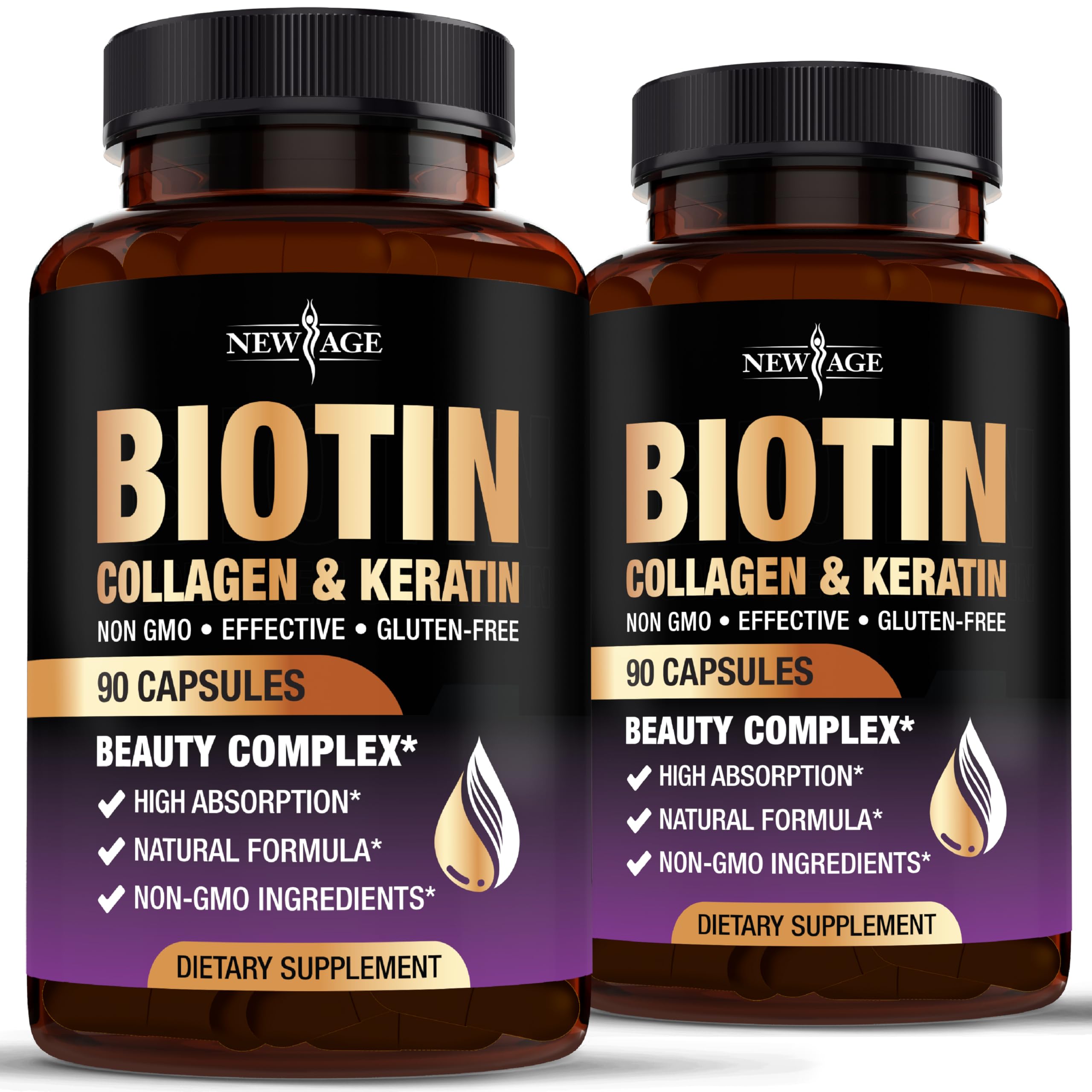 Bottle of NEW AGE Biotin Collagen Keratin Hyaluronic Acid supplement