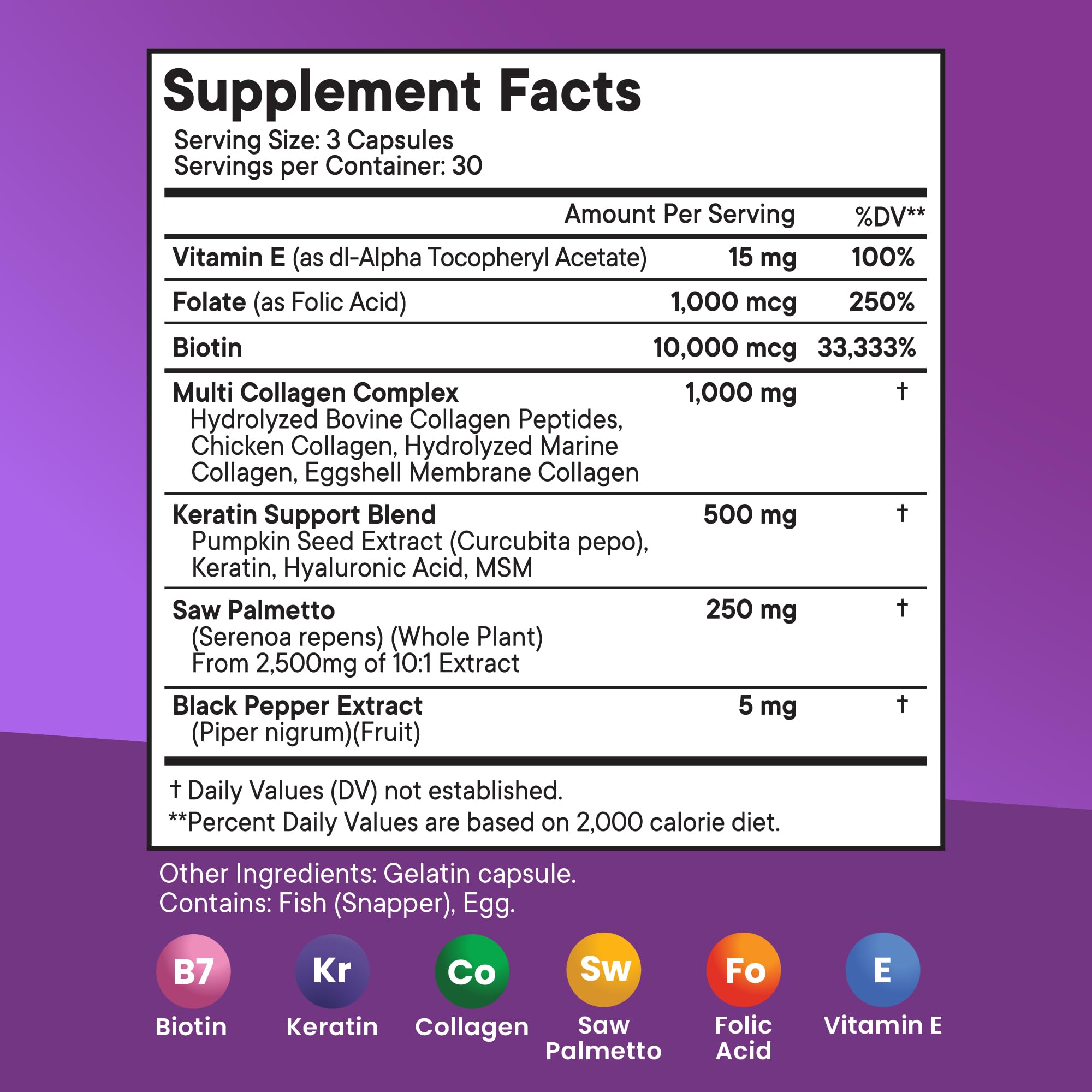 Close-up of ingredients: Biotin, Collagen, Keratin, Hyaluronic Acid