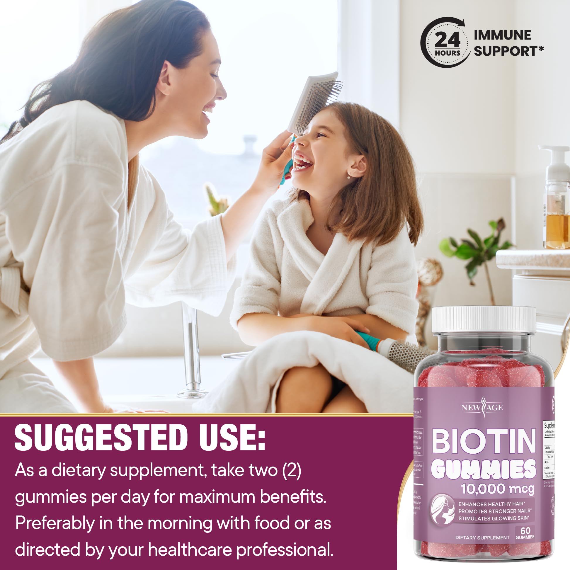 Graphic showing hair, skin and nails benefits of NEW AGE Biotin Gummies