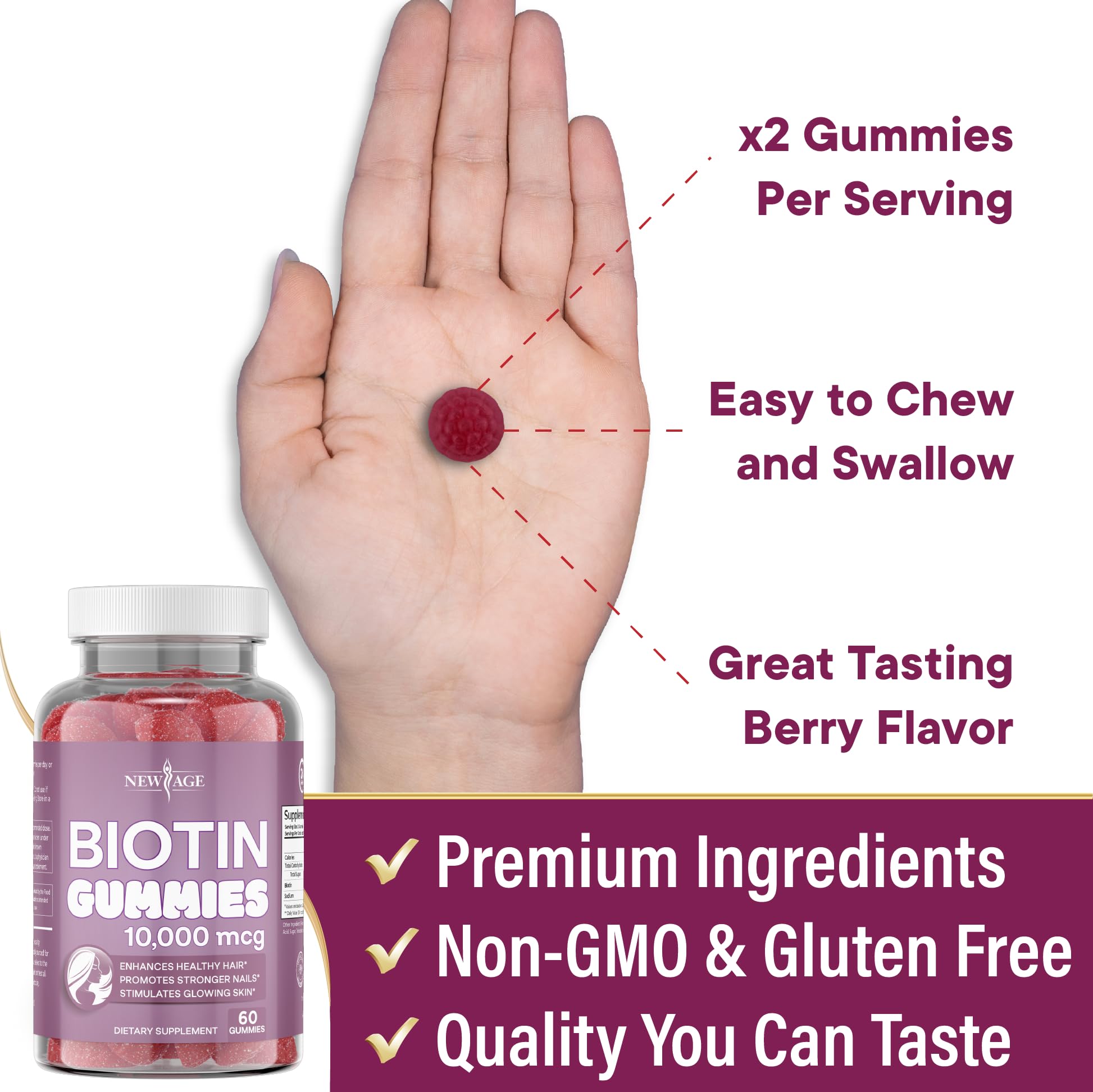 Made in USA label on NEW AGE Biotin Gummies bottle