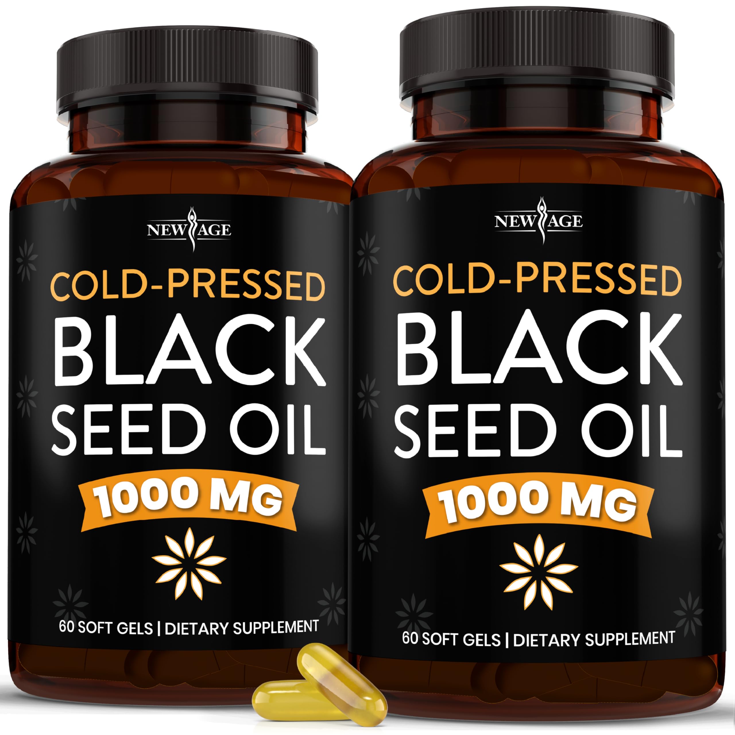 Front view of NEW AGE Black Seed Oil Softgel Capsules bottle