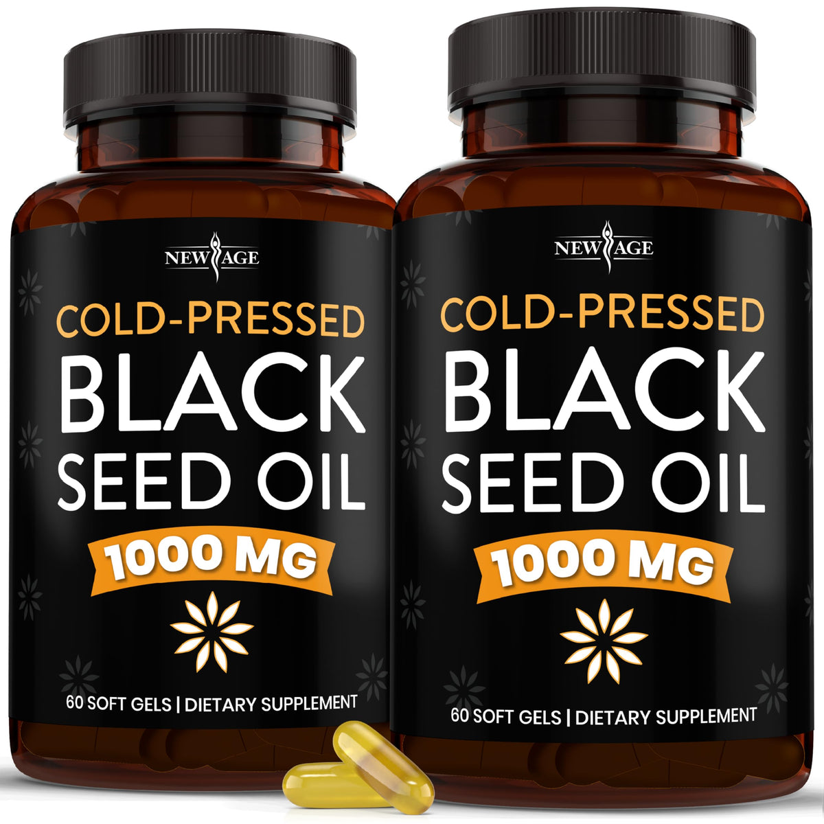 Front view of NEW AGE Black Seed Oil Softgel Capsules bottle
