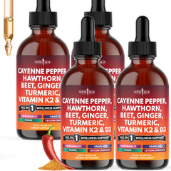 NEW AGE Cayenne Drops bottle close-up highlighting a spicy wellness blend.