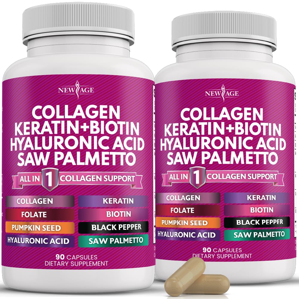 Front view of NEW AGE Collagen Pills bottle highlighting Biotin, Keratin, Saw Palmetto, Hyaluronic Acid