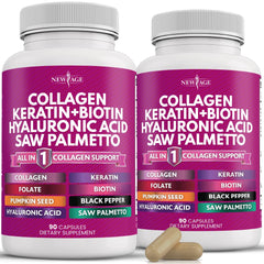 Front view of NEW AGE Collagen Pills bottle highlighting Biotin, Keratin, Saw Palmetto, Hyaluronic Acid