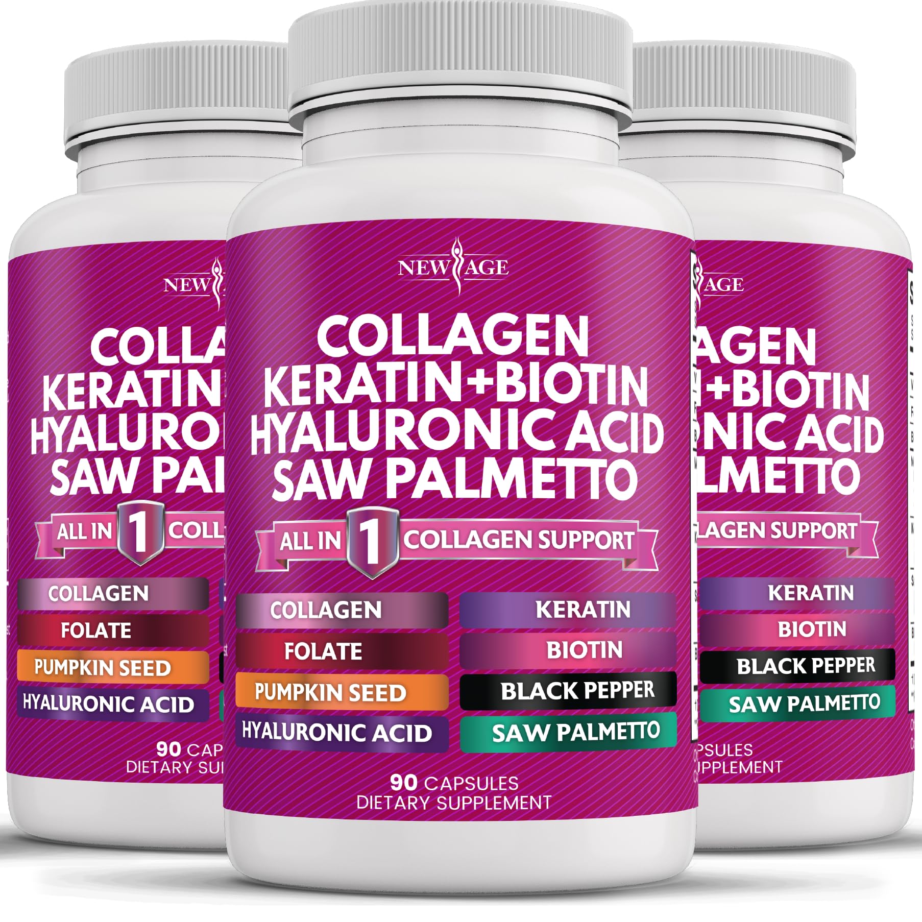 NEW AGE collagen pills bottle front may support skin and hair health