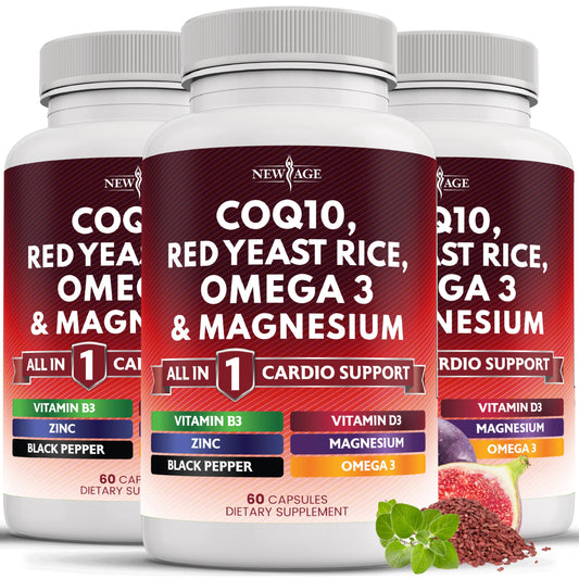 Bottle of New Age CoQ10 200mg Red Yeast Rice Magnesium Complex with Vitamin K2 and D3