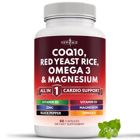 Box front view of New Age CoQ10 200mg Red Yeast Rice Omega-3 supplement