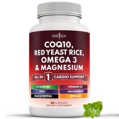 Box front view of New Age CoQ10 200mg Red Yeast Rice Omega-3 supplement