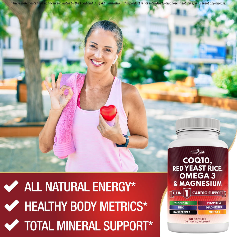Illustration of key ingredients: CoQ10, Red Yeast Rice, Omega-3