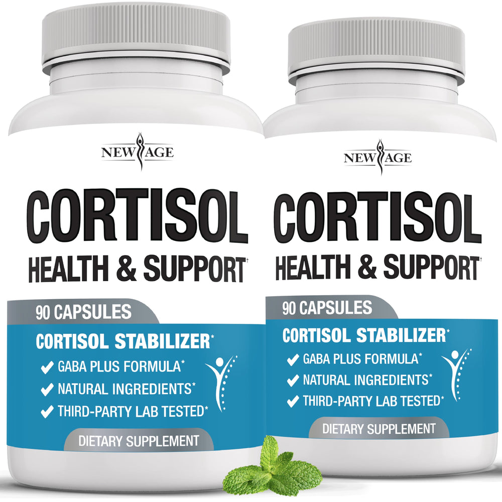 NEW AGE Cortisol supplement for women featuring Ashwagandha, GABA, 5-HTP, L-Theanine and 180-count bottle