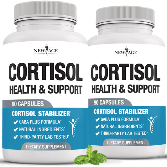 NEW AGE Cortisol supplement for women featuring Ashwagandha, GABA, 5-HTP, L-Theanine and 180-count bottle