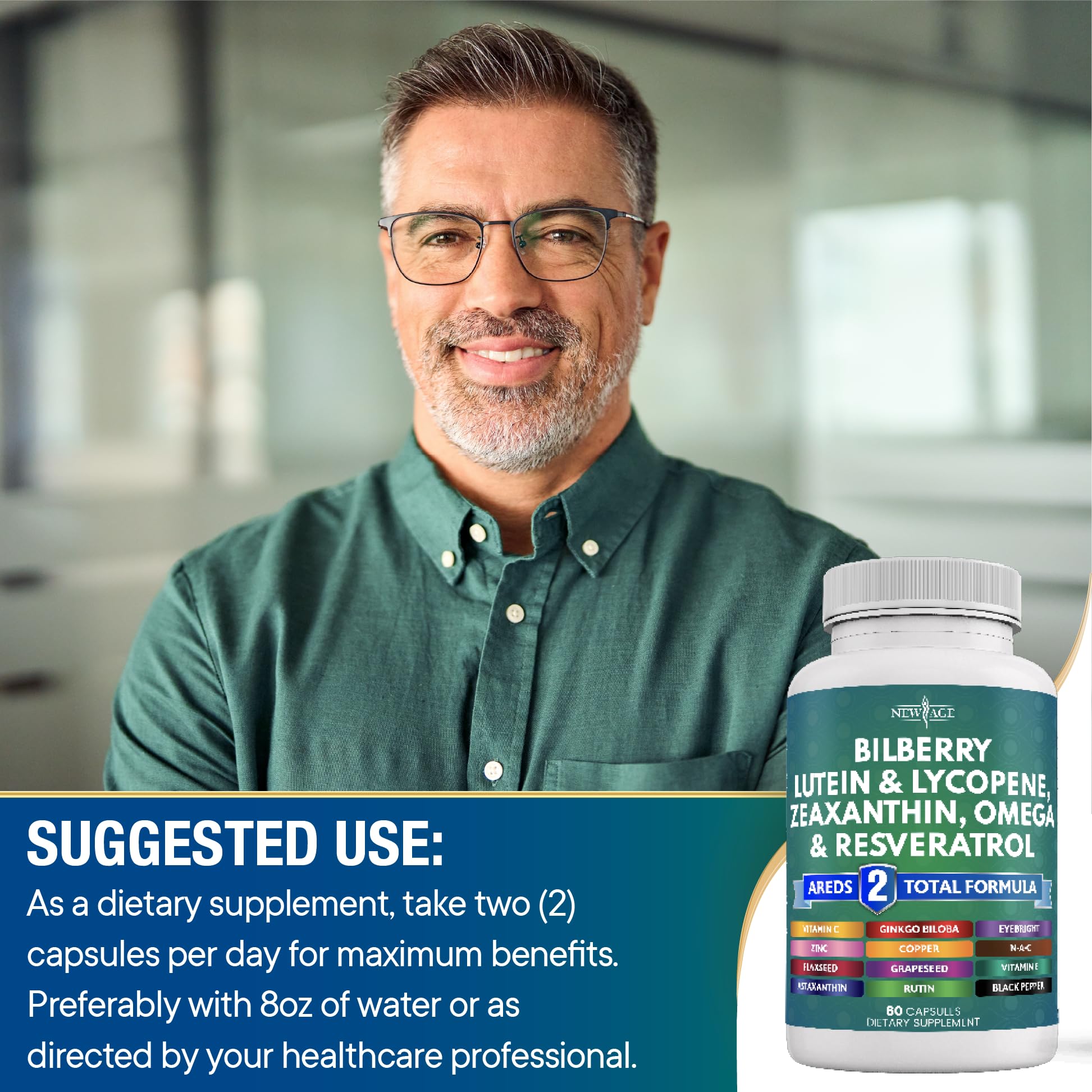 NEW AGE Eye Health bottle in hand for on-the-go eye nutrition.