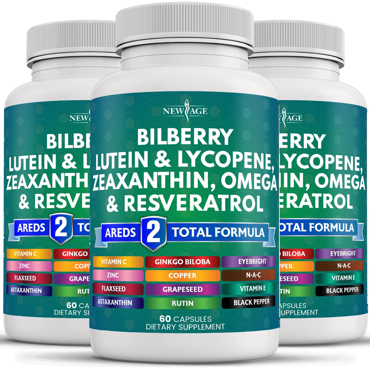 New Age Eye Health Vitamins bottle with Bilberry Lutein Zeaxanthin on label