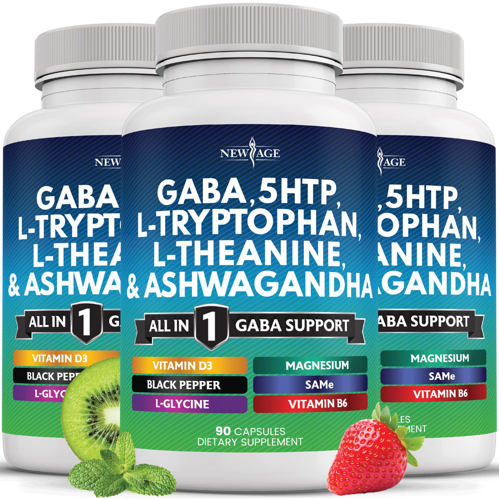 New Age GABA All-in-One supplement bottle displaying 750 mg GABA and 5-HTP ingredients