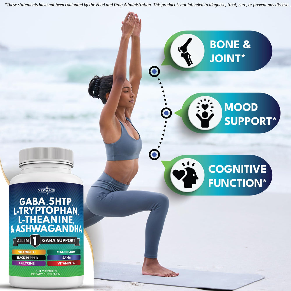 Supplement facts panel showing GABA, L-Theanine, 5-HTP ingredients