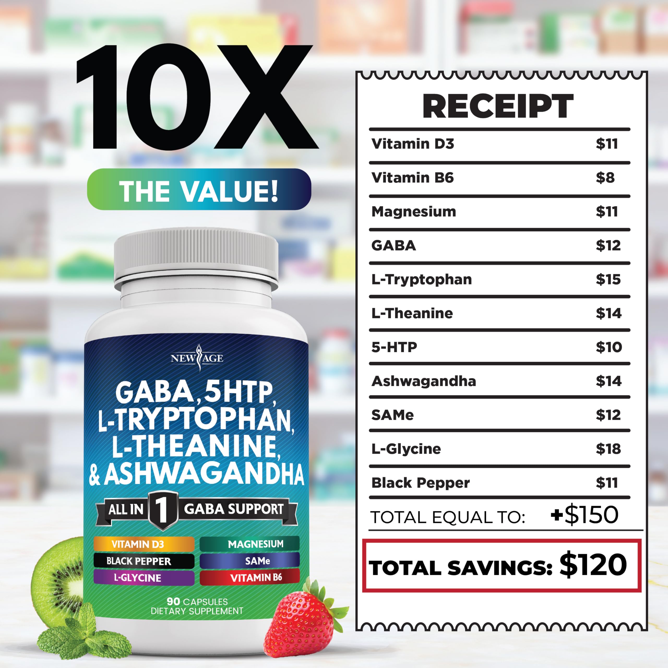 Close-up of nutrition facts and ingredients for New Age GABA