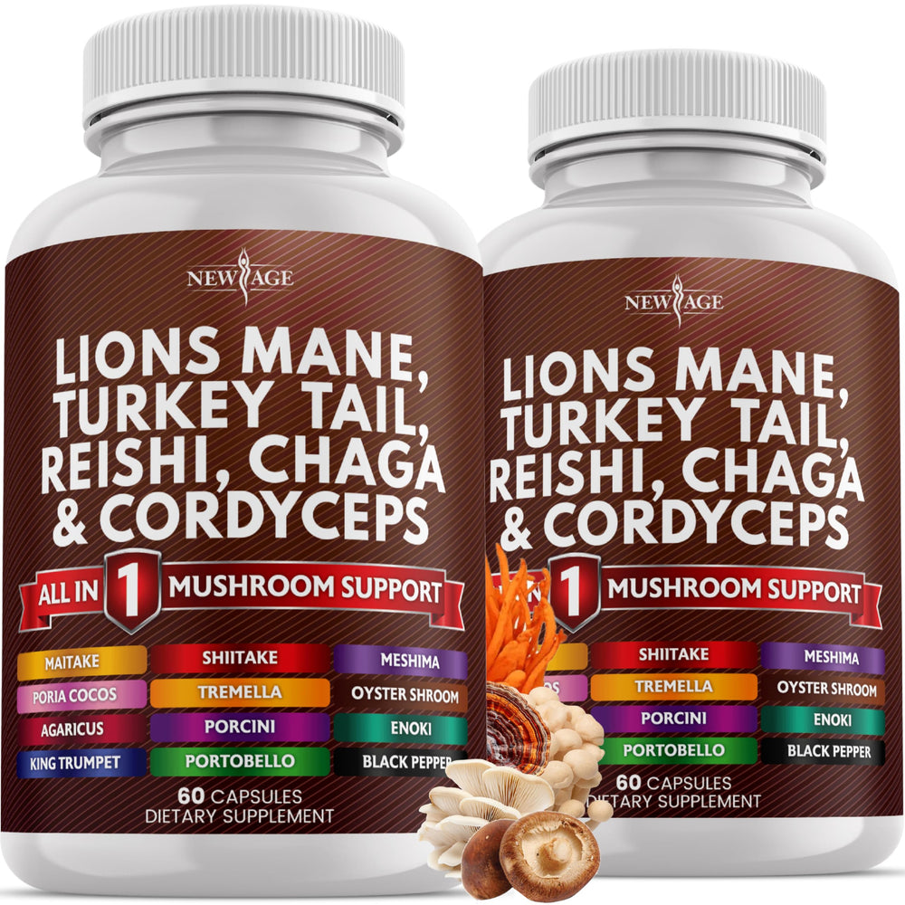 Front view of NEW AGE Lions Mane Mushroom Supplement bottle