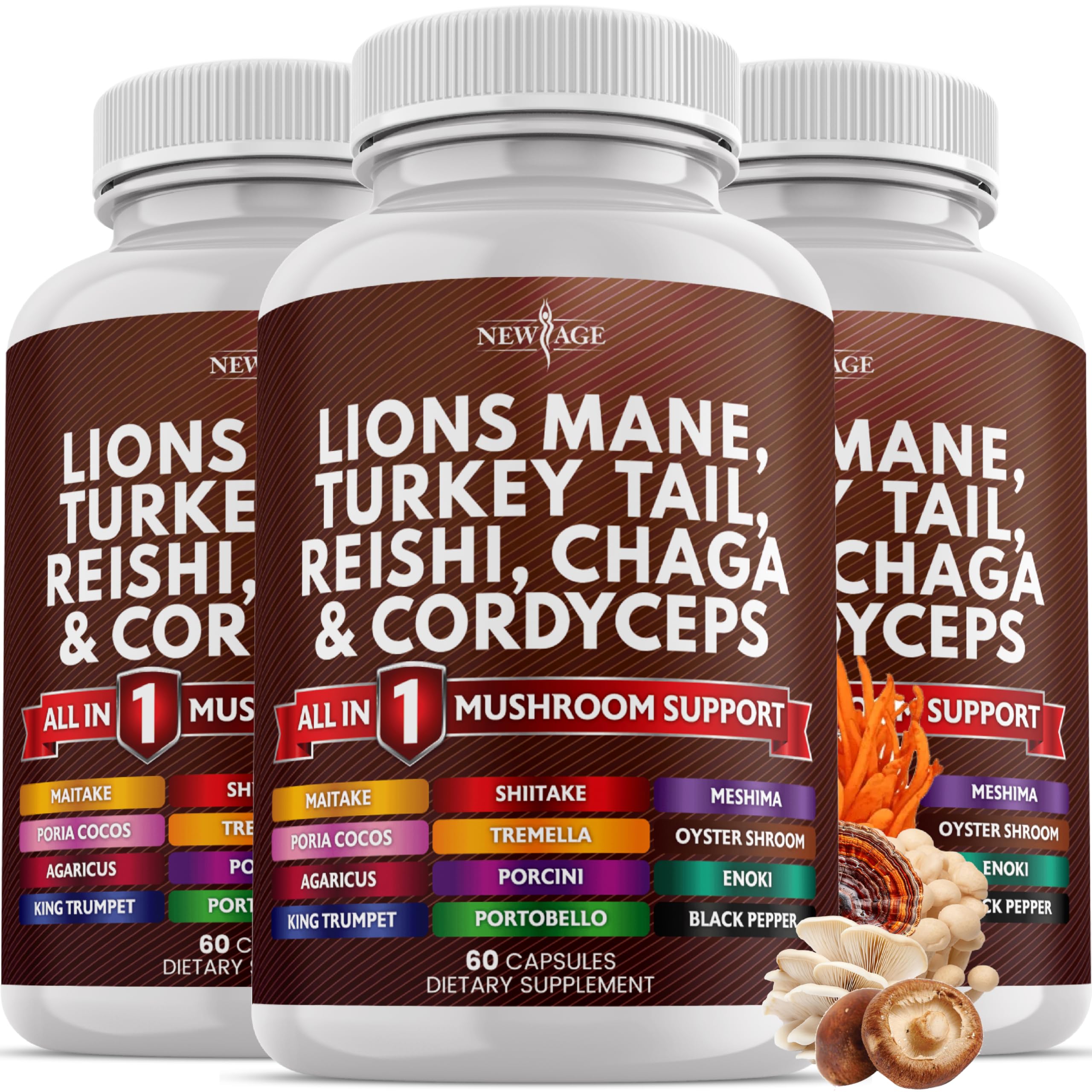 New Age Lions Mane mushroom supplement bottle with 180-count capsules