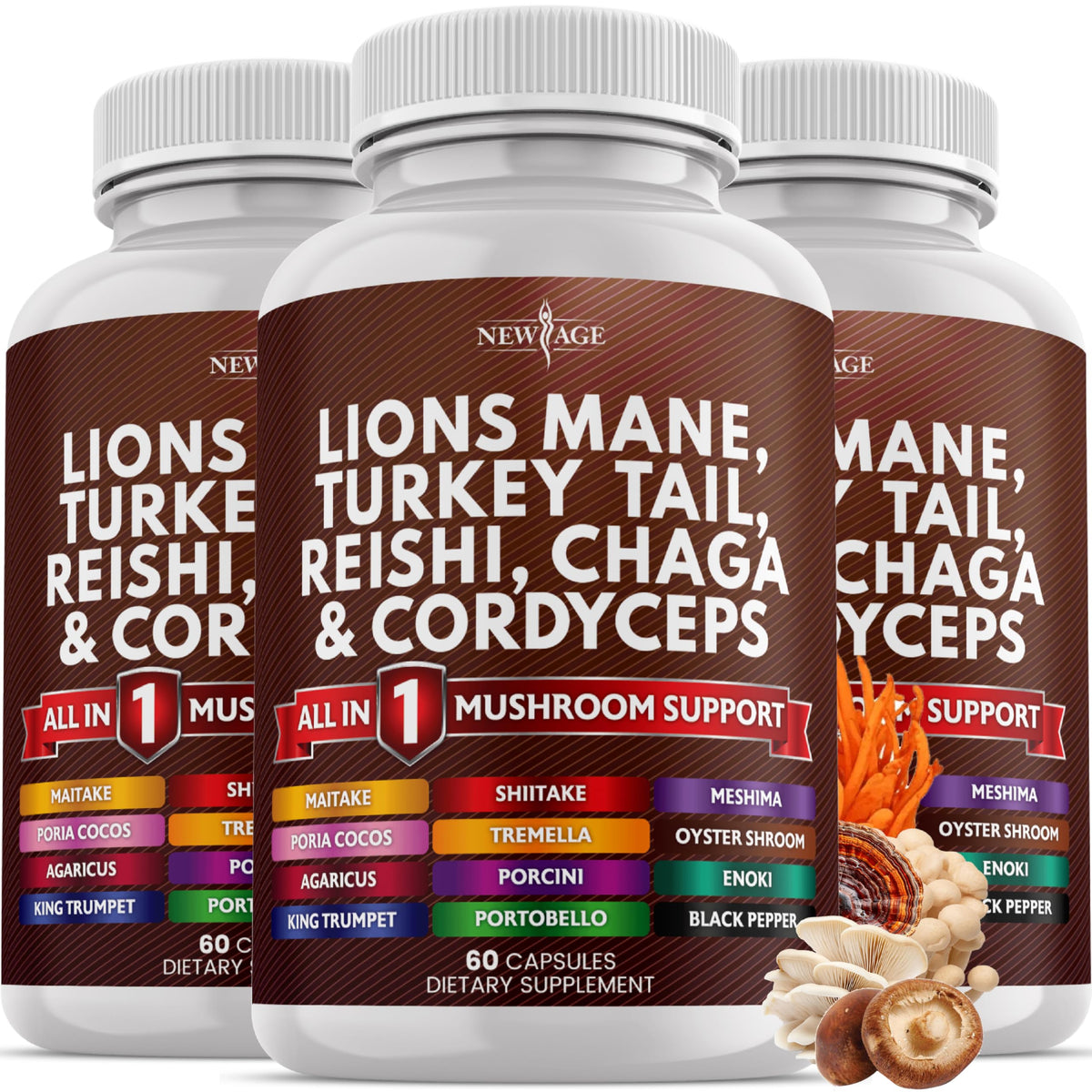 New Age Lions Mane mushroom supplement bottle with 180-count capsules