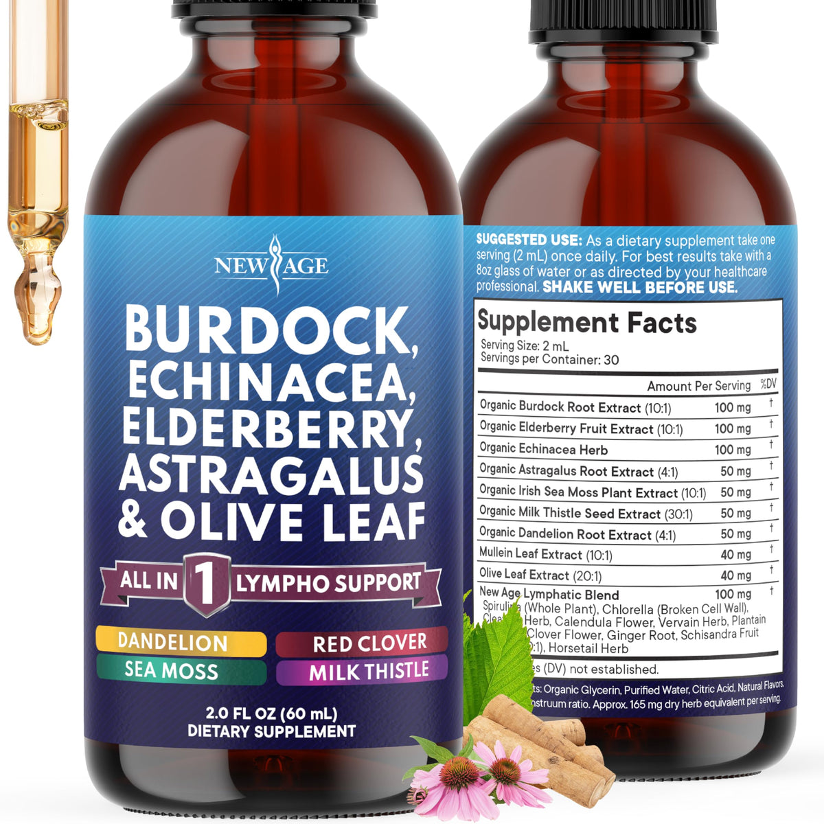 Front view of NEW AGE Lymphatic Drainage Drops bottle with label