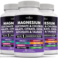 NEW AGE Magnesium complex bottle shows an all-in-one formula for bone and joint support.