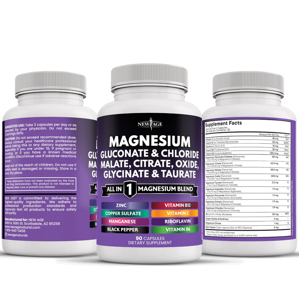 NEW AGE magnesium bottle on desk illustrates daily supplementation.