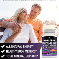 Close-up of magnesium capsule and label highlighting all-in-one formula