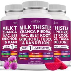 New Age Milk Thistle NAC Chanca Piedra bottle shows a liver-support blend for daily wellness.