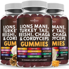 Front view of NEW AGE Mushroom Lion's Mane Gummies bottle with label