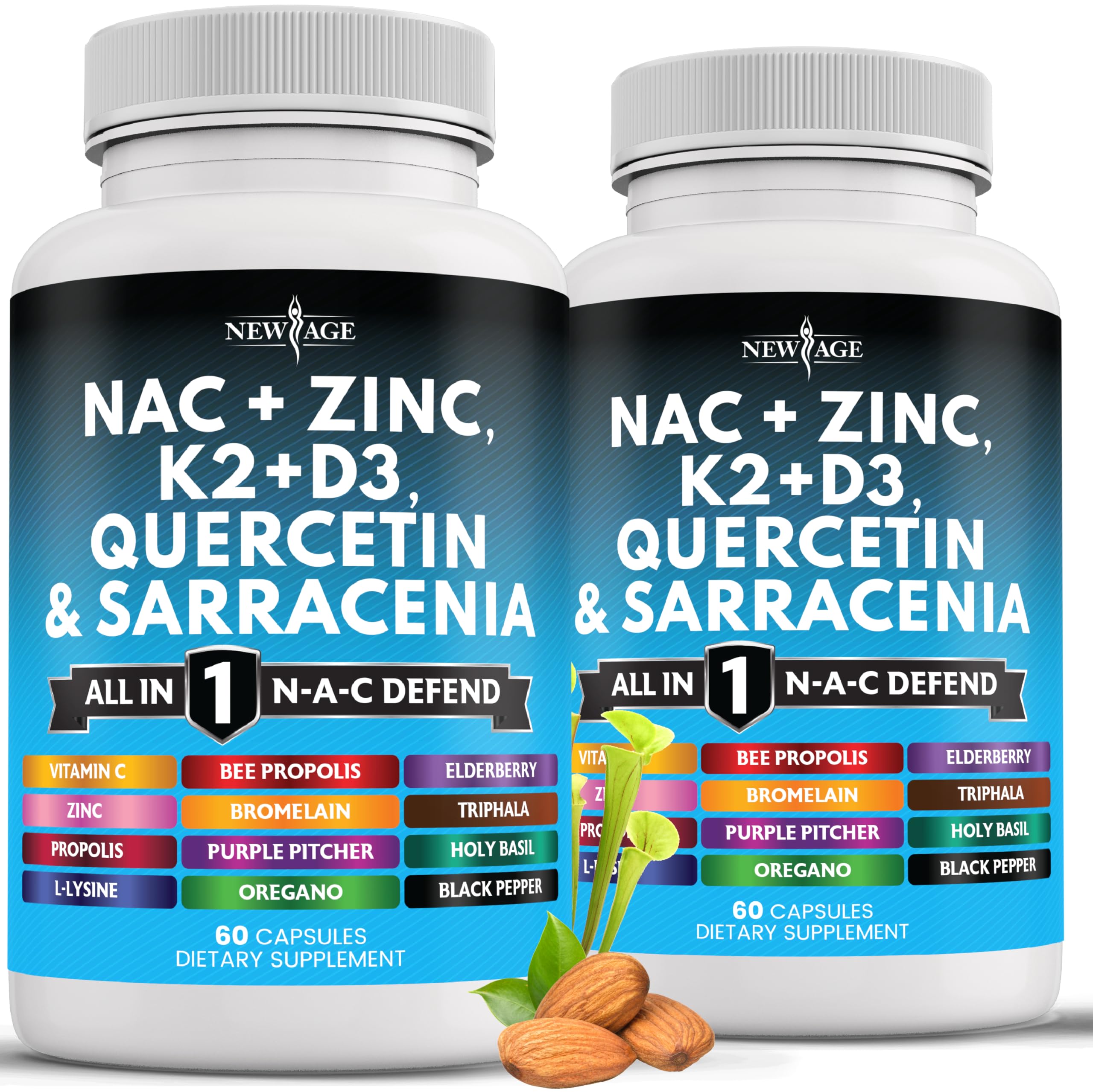 New Age NAC supplement bottle label with NAC, D3, K2 and Zinc