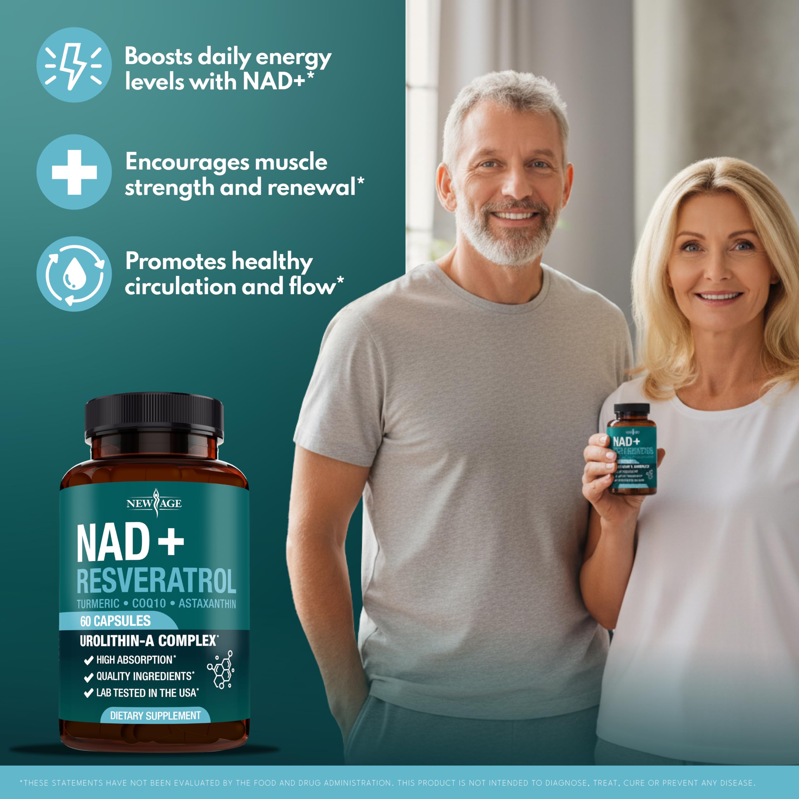 Illustration of ingredients: NAD+, Astaxanthin, Urolithin A, Resveratrol