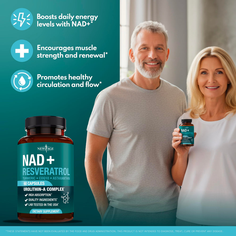 Illustration of ingredients: NAD+, Astaxanthin, Urolithin A, Resveratrol