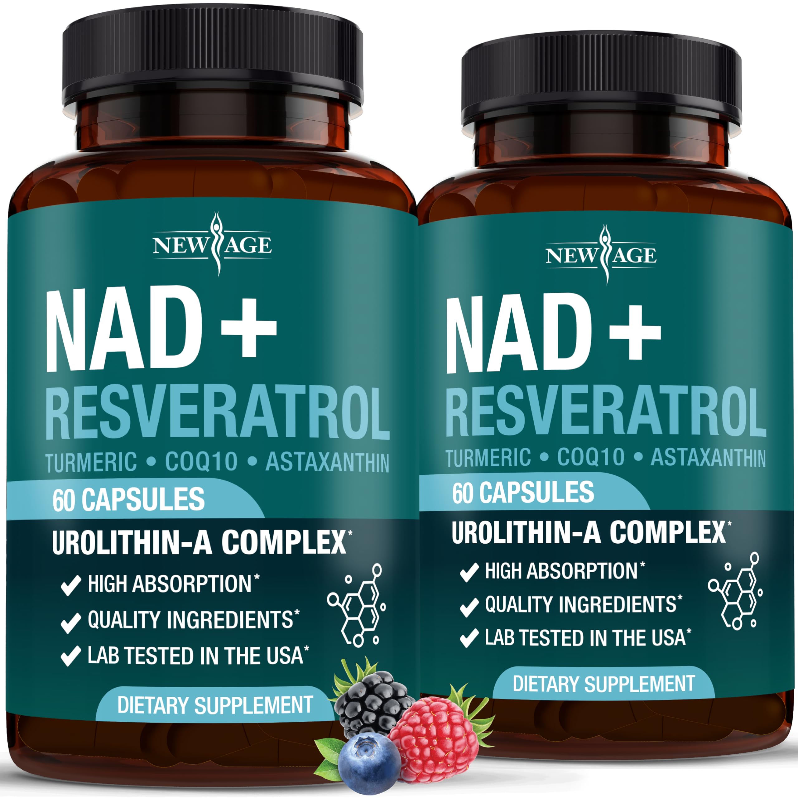 NEW AGE NAD+ Complex bottle front shows daily energy support in a vegan supplement