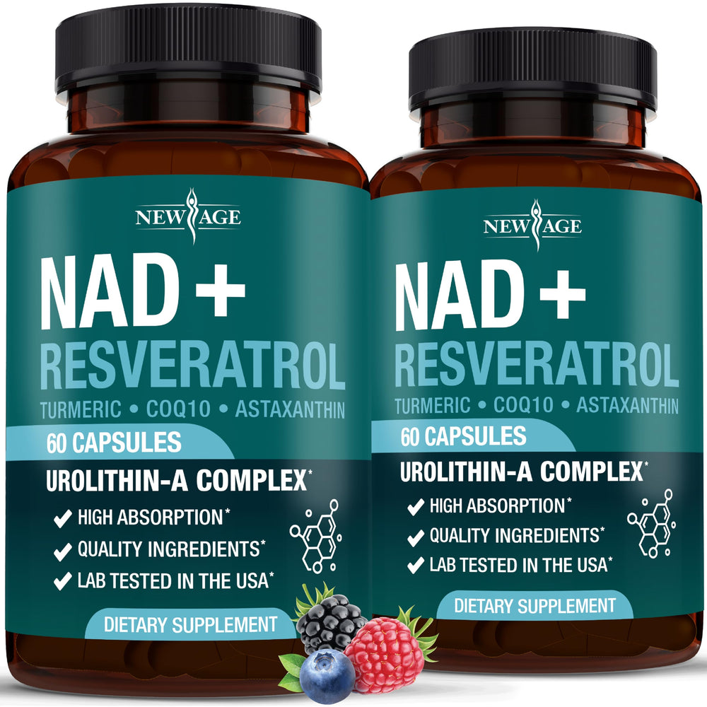 NEW AGE NAD+ Complex bottle front shows daily energy support in a vegan supplement